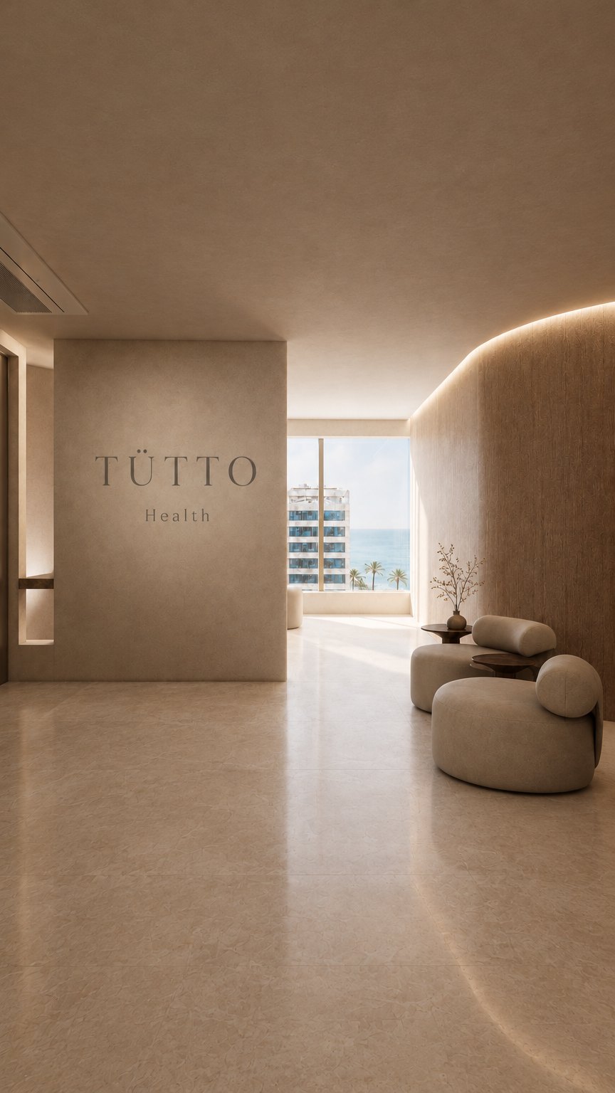 Hall de entrada da TÜTTO Health com vista para o mar